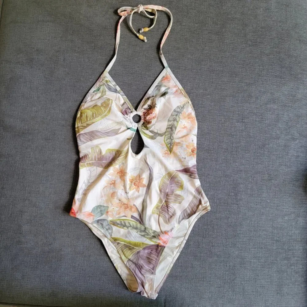 Jaase Women's Multi Floral Print key hole halter One Piece Swimsuit Size…